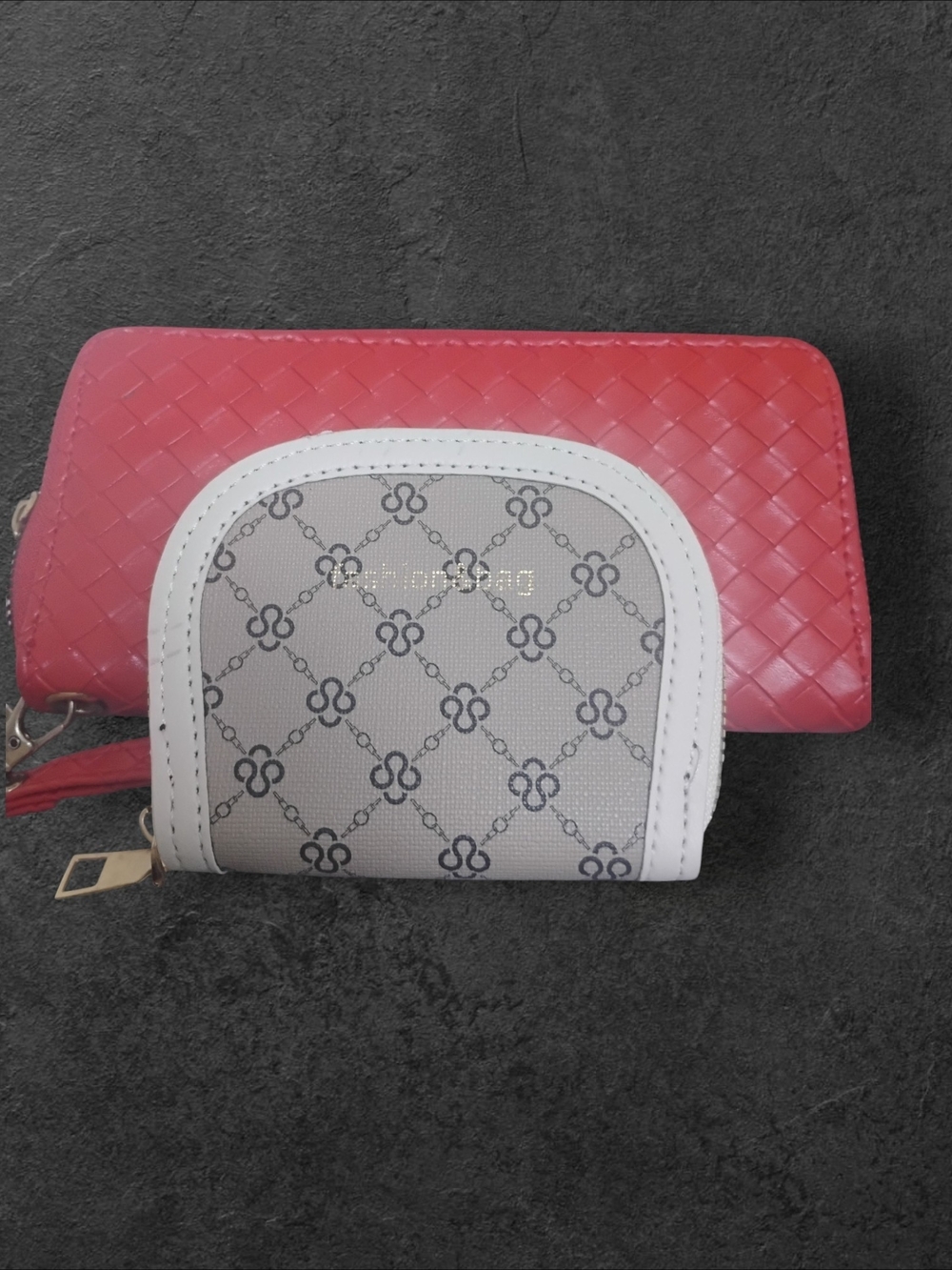 Red Woven Zip Wallet with Grey Patterned Card Case Combo: A Set Of Two